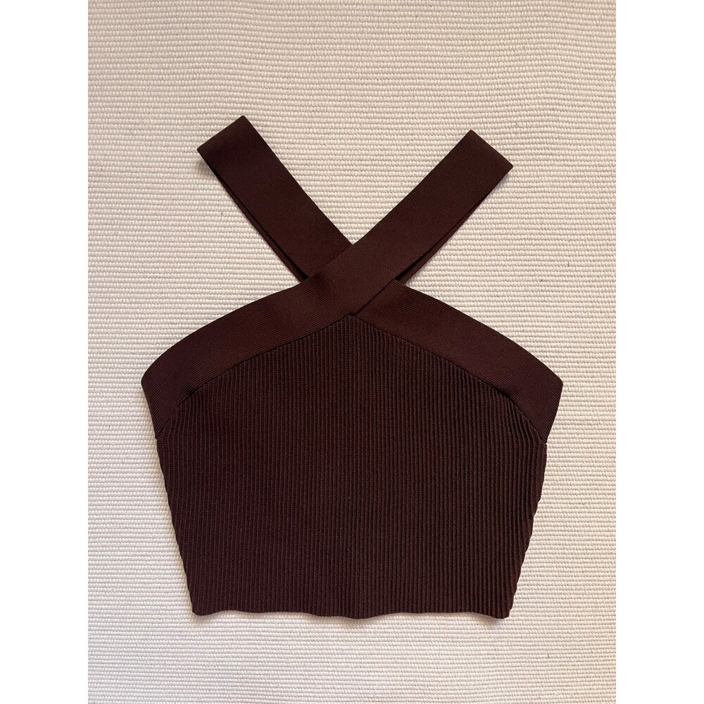 Babaton Aritzia Sculpt Knit Criss Cross Cropped Tank in Coffee Bean Size MEDIUM